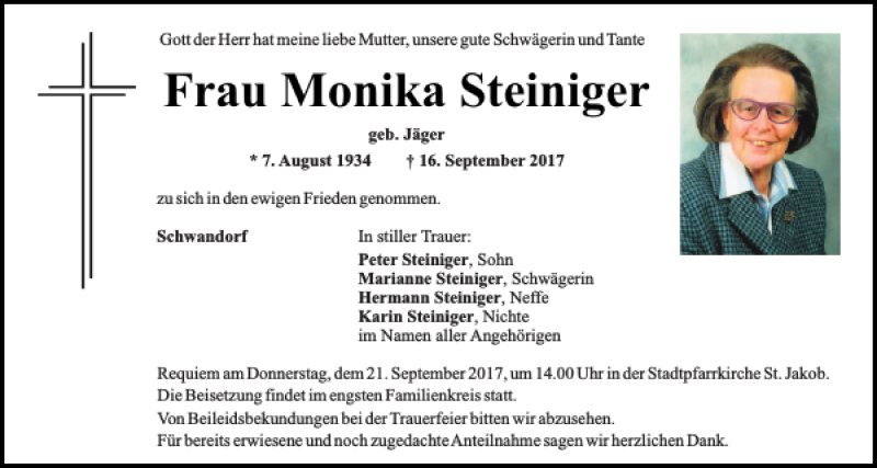  Traueranzeige für Monika Steiniger vom 20.09.2017 aus Mittelbayerische Zeitung Schwandorf