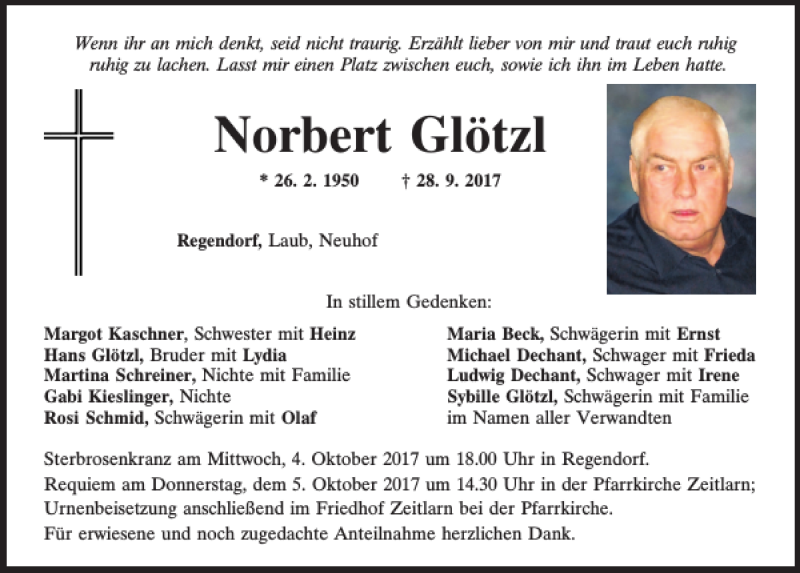  Traueranzeige für Norbert Glötzl vom 30.09.2017 aus Mittelbayerische Zeitung Regensburg