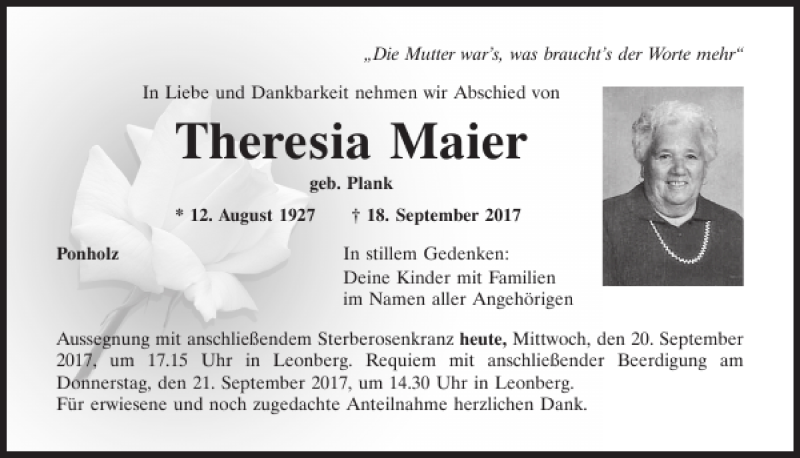  Traueranzeige für Theresia Maier vom 20.09.2017 aus Mittelbayerische Zeitung Schwandorf