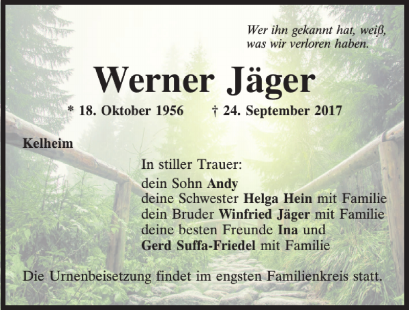  Traueranzeige für Werner Jäger vom 30.09.2017 aus Mittelbayerische Zeitung Kelheim