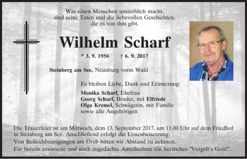  Traueranzeige für Wilhelm Scharf vom 09.09.2017 aus Mittelbayerische Zeitung Schwandorf