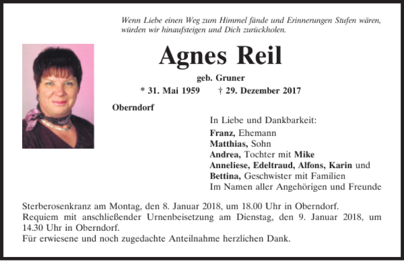  Traueranzeige für Agnes Reil vom 05.01.2018 aus Mittelbayerische Zeitung Regensburg