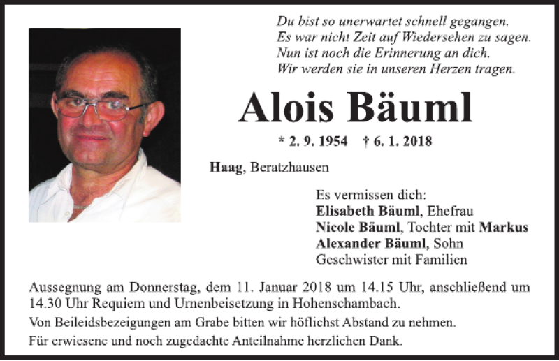  Traueranzeige für Alois Bäuml vom 08.01.2018 aus Mittelbayerische Zeitung Regensburg