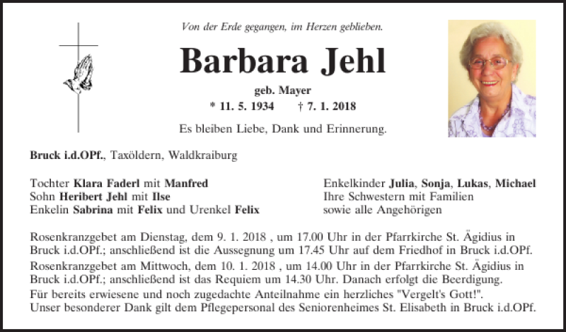  Traueranzeige für Barbara Jehl vom 09.01.2018 aus Mittelbayerische Zeitung Regensburg