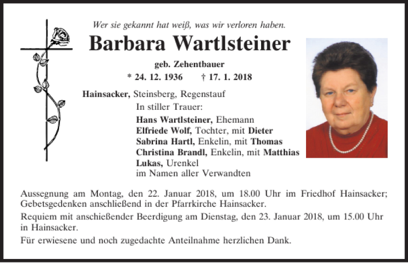  Traueranzeige für Barbara Wartlsteiner vom 20.01.2018 aus Mittelbayerische Zeitung Regensburg