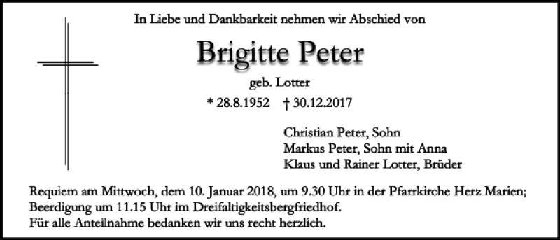  Traueranzeige für Brigitte Peter vom 05.01.2018 aus Mittelbayerische Zeitung Regensburg