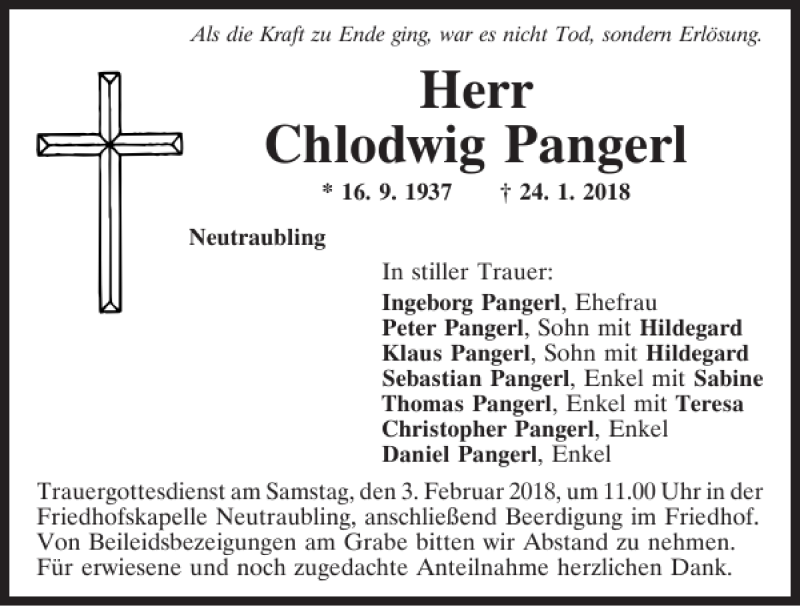  Traueranzeige für Chlodwig Pangerl vom 31.01.2018 aus Mittelbayerische Zeitung Regensburg