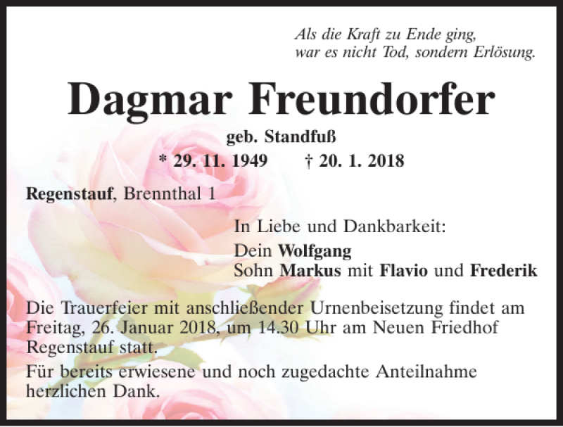  Traueranzeige für Dagmar Freundorfer vom 23.01.2018 aus Mittelbayerische Zeitung Regensburg