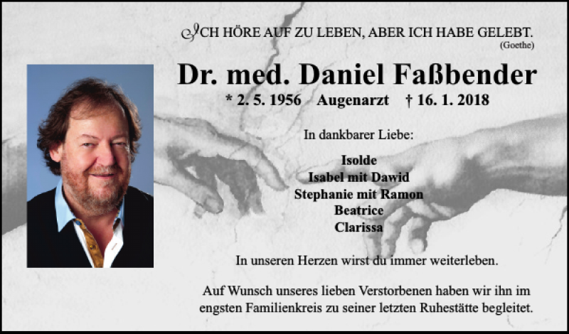  Traueranzeige für Daniel Faßbender vom 20.01.2018 aus Neumarkter Tagblatt