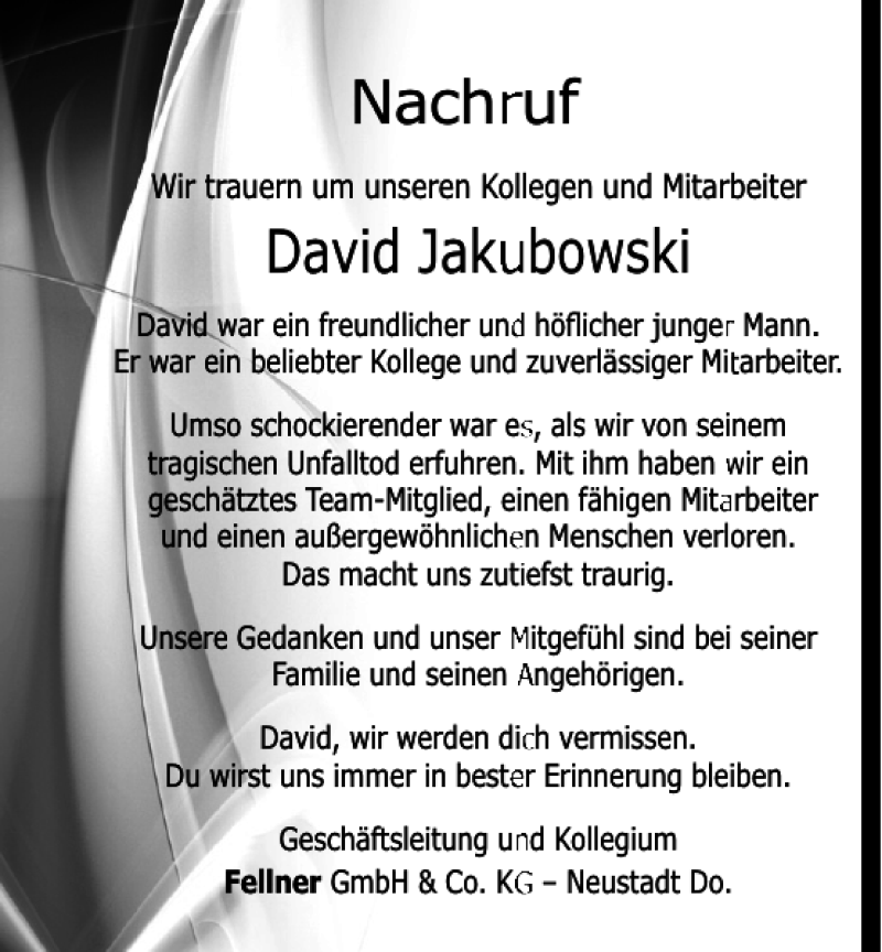  Traueranzeige für David Jakubowski vom 20.01.2018 aus Mittelbayerische Zeitung Kelheim