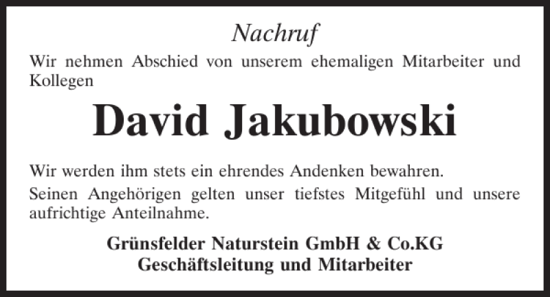  Traueranzeige für David Jakubowski vom 19.01.2018 aus Mittelbayerische Zeitung Kelheim