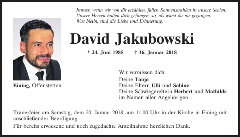  Traueranzeige für David Jakubowski vom 18.01.2018 aus Mittelbayerische Zeitung Kelheim