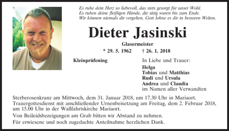  Traueranzeige für Dieter Jasinski vom 30.01.2018 aus Mittelbayerische Zeitung Regensburg