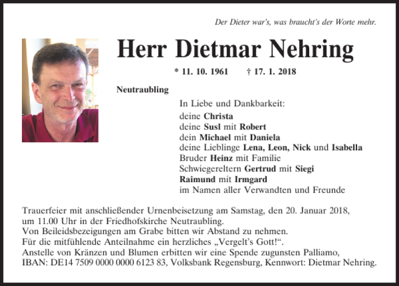  Traueranzeige für Dietmar Nehring vom 18.01.2018 aus Mittelbayerische Zeitung Regensburg