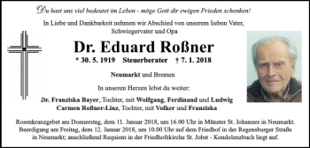 Traueranzeige von Dr. Eduard Roßner von Neumarkter Tagblatt