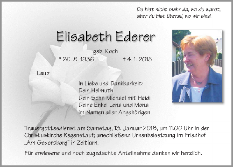  Traueranzeige für Elisabeth Ederer vom 10.01.2018 aus Mittelbayerische Zeitung Regensburg