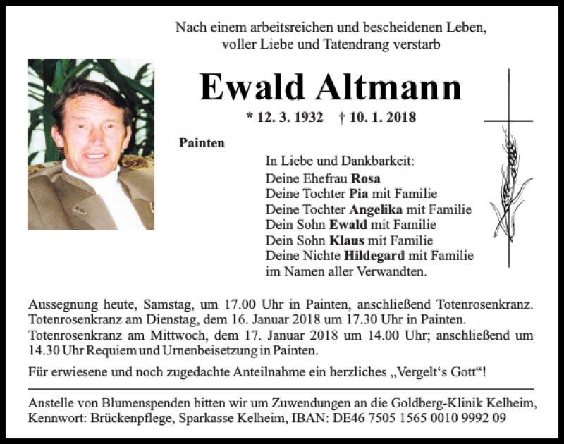  Traueranzeige für Ewald Altmann vom 13.01.2018 aus Mittelbayerische Zeitung Kelheim