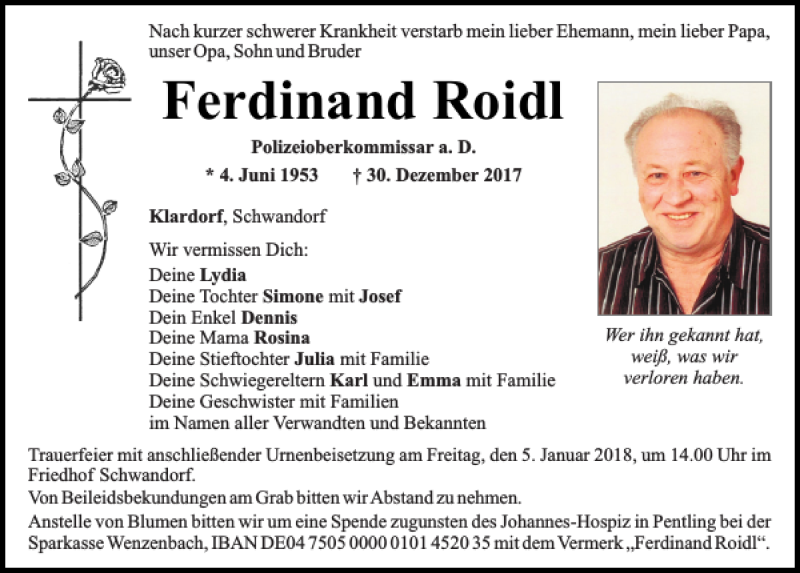  Traueranzeige für Ferdinand Roidl vom 03.01.2018 aus Mittelbayerische Zeitung Schwandorf