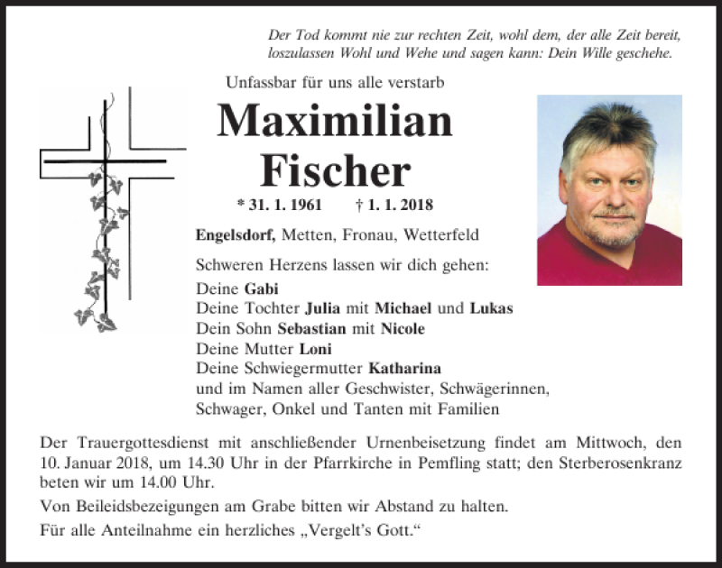  Traueranzeige für Fischer Maximilian vom 08.01.2018 aus Bayerwald Echo