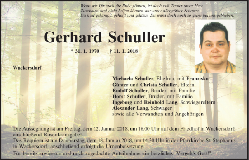  Traueranzeige für Gerhard Schuller vom 13.01.2018 aus Mittelbayerische Zeitung Schwandorf