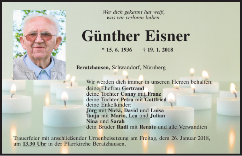  Traueranzeige für Günther Eisner vom 24.01.2018 aus Mittelbayerische Zeitung Regensburg