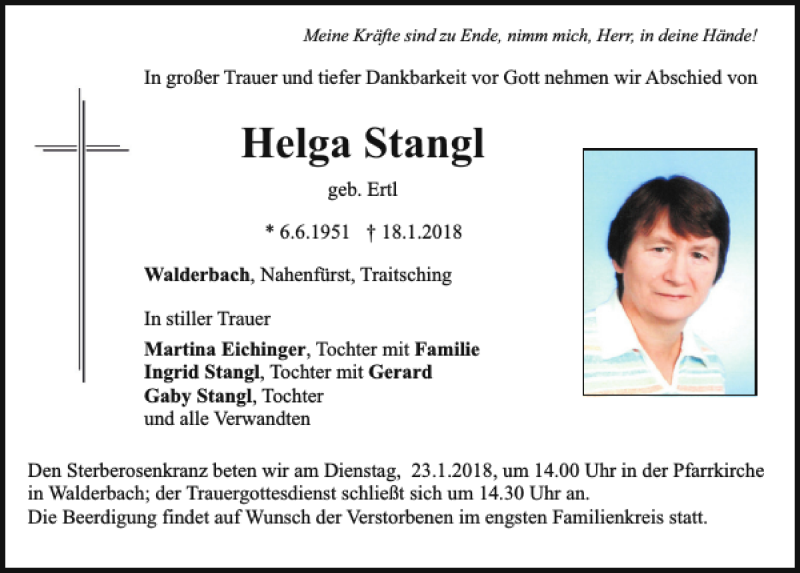 Traueranzeigen von Helga Stangl | Mittelbayerische Trauer