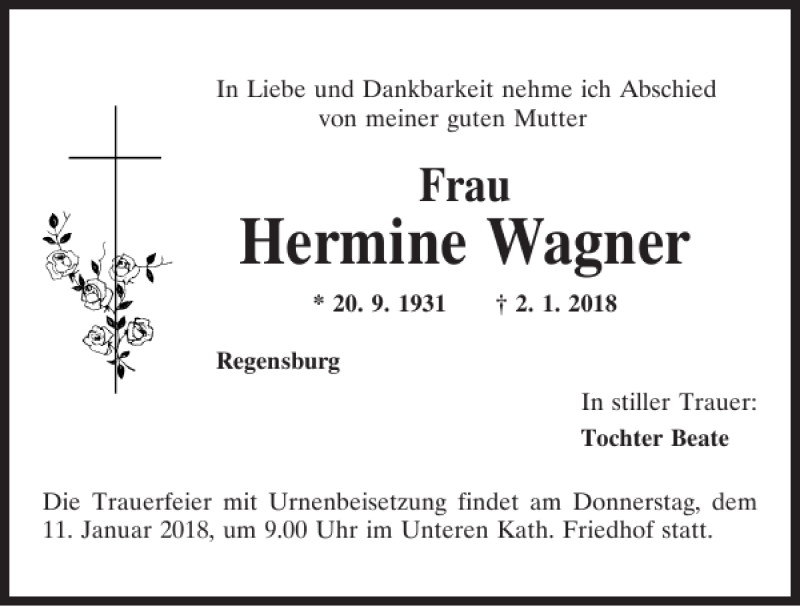 Traueranzeigen von Hermine Wagner | Mittelbayerische Trauer