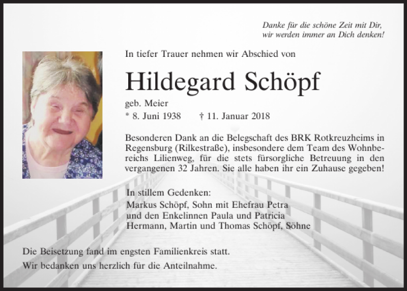  Traueranzeige für Hildegard Schöpf vom 20.01.2018 aus Mittelbayerische Zeitung Regensburg