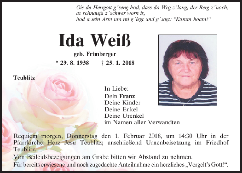  Traueranzeige für Ida Weiß vom 31.01.2018 aus Mittelbayerische Zeitung Schwandorf