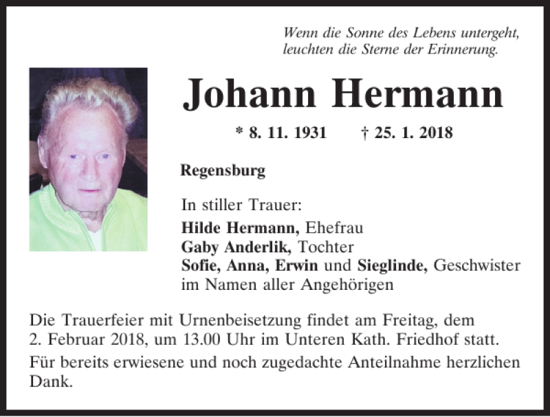 Traueranzeigen von Johann Hermann | Mittelbayerische Trauer