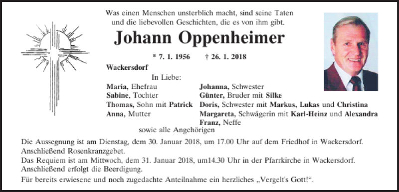  Traueranzeige für Johann Oppenheimer vom 29.01.2018 aus Mittelbayerische Zeitung Schwandorf