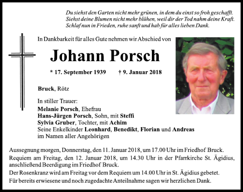  Traueranzeige für Johann Porsch vom 10.01.2018 aus Mittelbayerische Zeitung Schwandorf