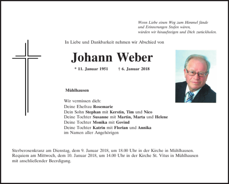  Traueranzeige für Johann Weber vom 08.01.2018 aus Mittelbayerische Zeitung Kelheim