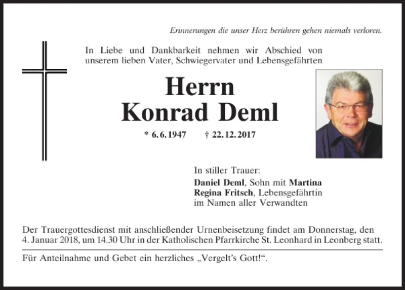  Traueranzeige für Konrad Deml vom 02.01.2018 aus Mittelbayerische Zeitung Schwandorf