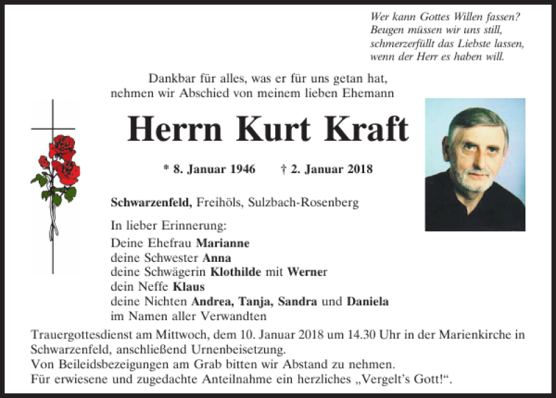  Traueranzeige für Kurt Kraft vom 08.01.2018 aus Mittelbayerische Zeitung Schwandorf