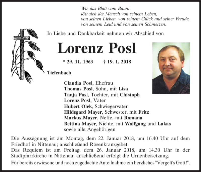  Traueranzeige für Lorenz Posl vom 20.01.2018 aus Bayerwald Echo