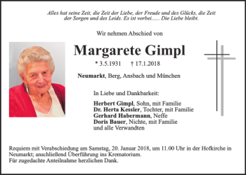 Traueranzeige von Margarete Gimpl von Neumarkter Tagblatt