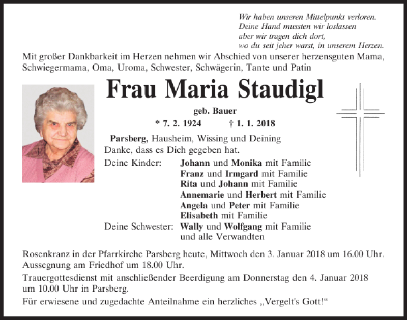  Traueranzeige für Maria Staudigl vom 03.01.2018 aus Neumarkter Tagblatt