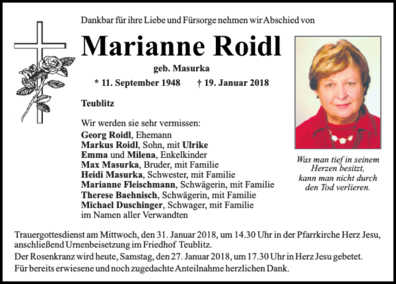  Traueranzeige für Marianne Roidl vom 27.01.2018 aus Mittelbayerische Zeitung Schwandorf