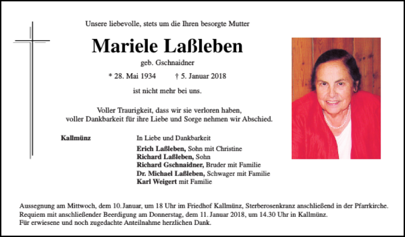  Traueranzeige für Mariele Laßleben vom 09.01.2018 aus Mittelbayerische Zeitung Regensburg