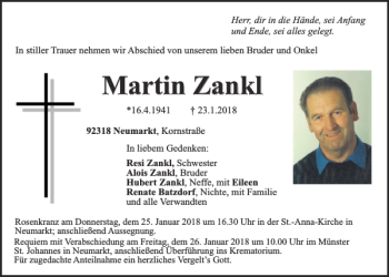 Traueranzeige von Martin Zankl von Neumarkter Tagblatt