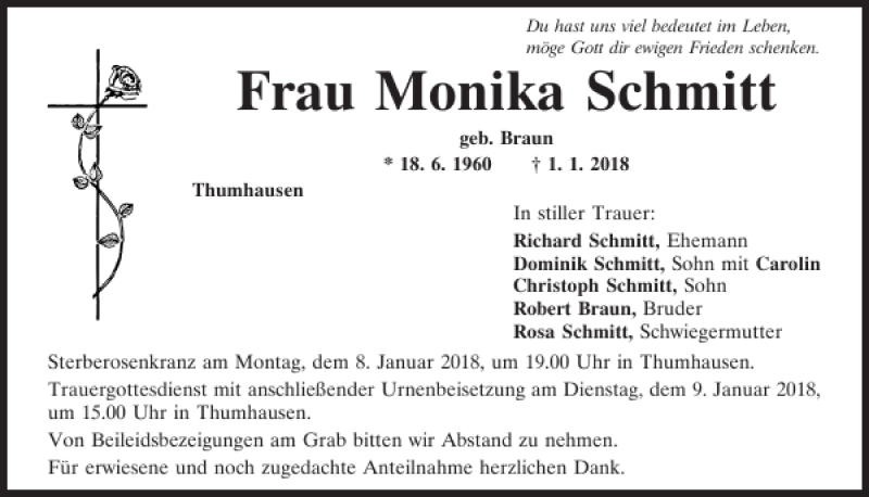  Traueranzeige für Monika Schmitt vom 05.01.2018 aus Mittelbayerische Zeitung Regensburg