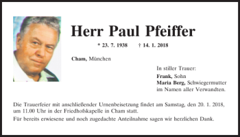 Traueranzeige von Paul Pfeiffer Cham von Bayerwald Echo