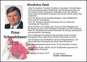 Traueranzeige von Peter Schmalzbauer von Neumarkter Tagblatt