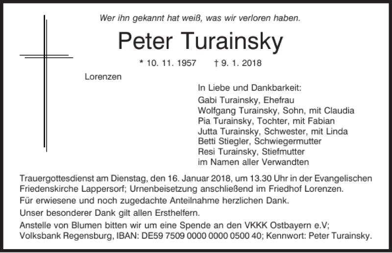  Traueranzeige für Peter Turainsky vom 13.01.2018 aus Mittelbayerische Zeitung Regensburg