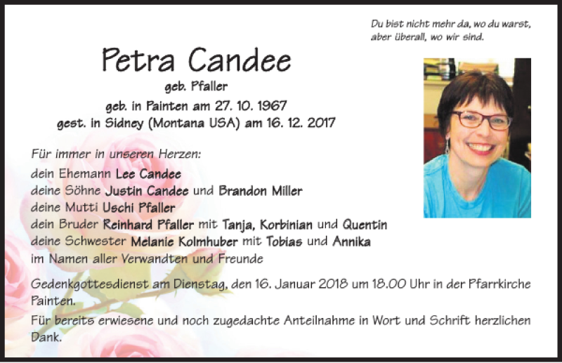  Traueranzeige für Petra Candee vom 13.01.2018 aus Mittelbayerische Zeitung Kelheim