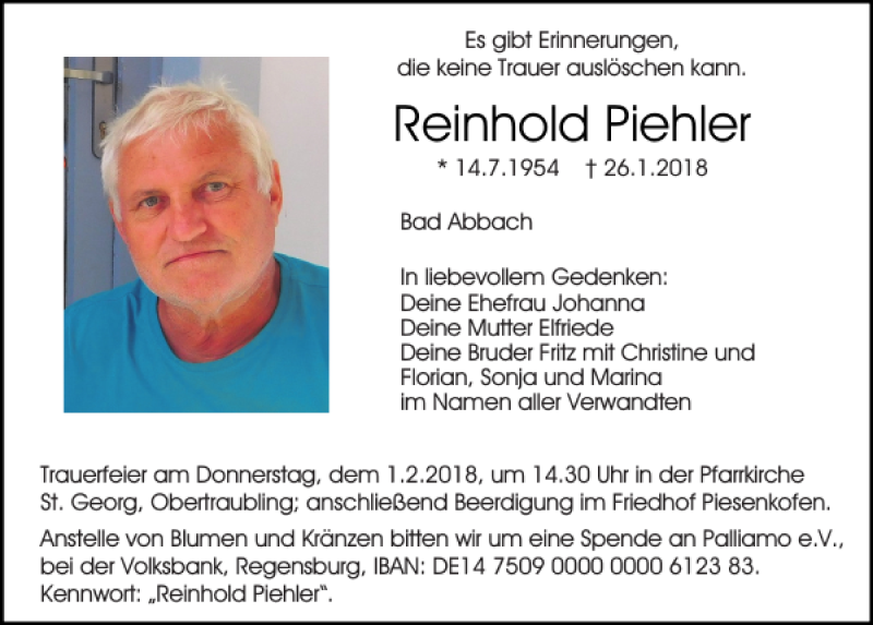  Traueranzeige für Reinhold Piehler vom 30.01.2018 aus Mittelbayerische Zeitung Regensburg