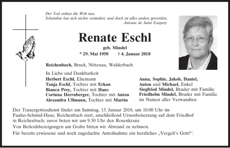  Traueranzeige für Renate Eschl vom 10.01.2018 aus Bayerwald Echo