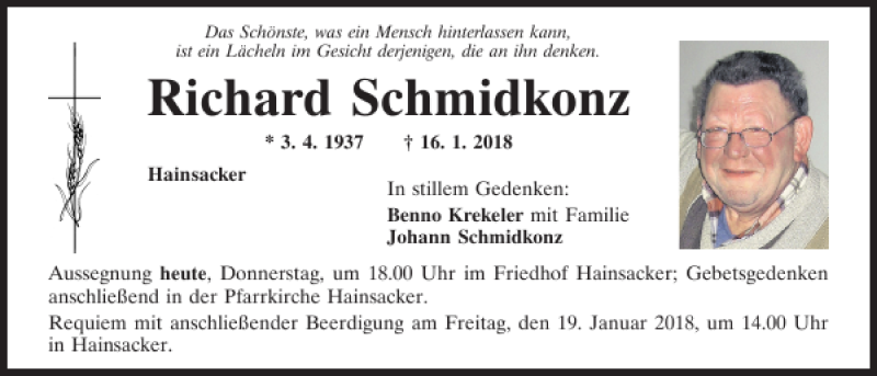  Traueranzeige für Richard Schmidkonz vom 18.01.2018 aus Mittelbayerische Zeitung Regensburg