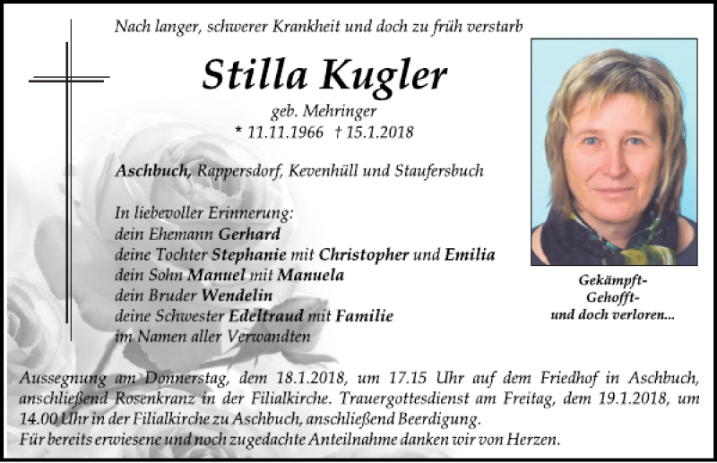  Traueranzeige für Stilla Kugler vom 17.01.2018 aus Neumarkter Tagblatt